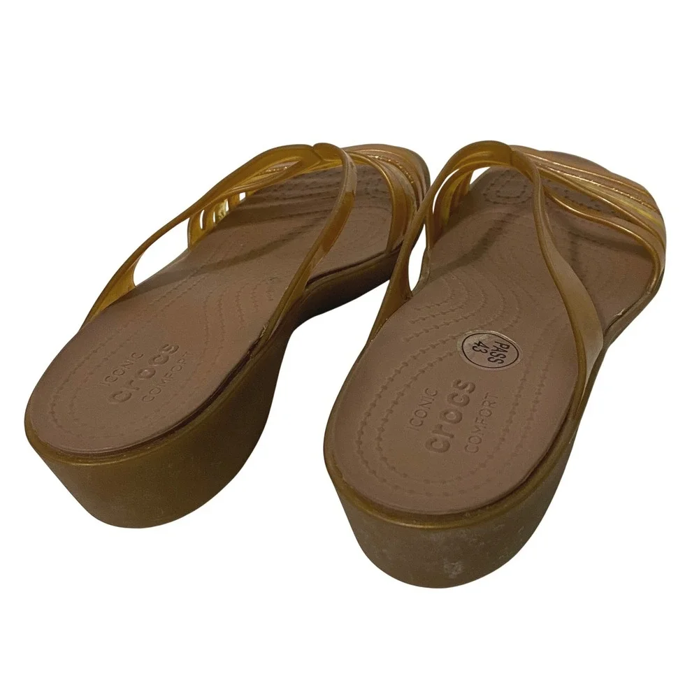 Crocs Isabella Strappy Mini Wedge Sandals Bronze Gold Glitter Slides Womens 7